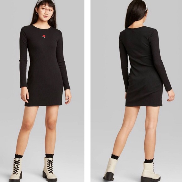 Black Ribbed Rose Bodycon Dress 